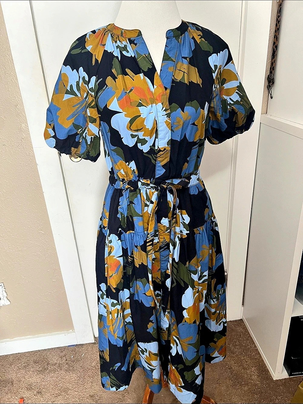 Free Assembly Cotton Midi Dress with Puff Sleeves Blue & Yellow floral print